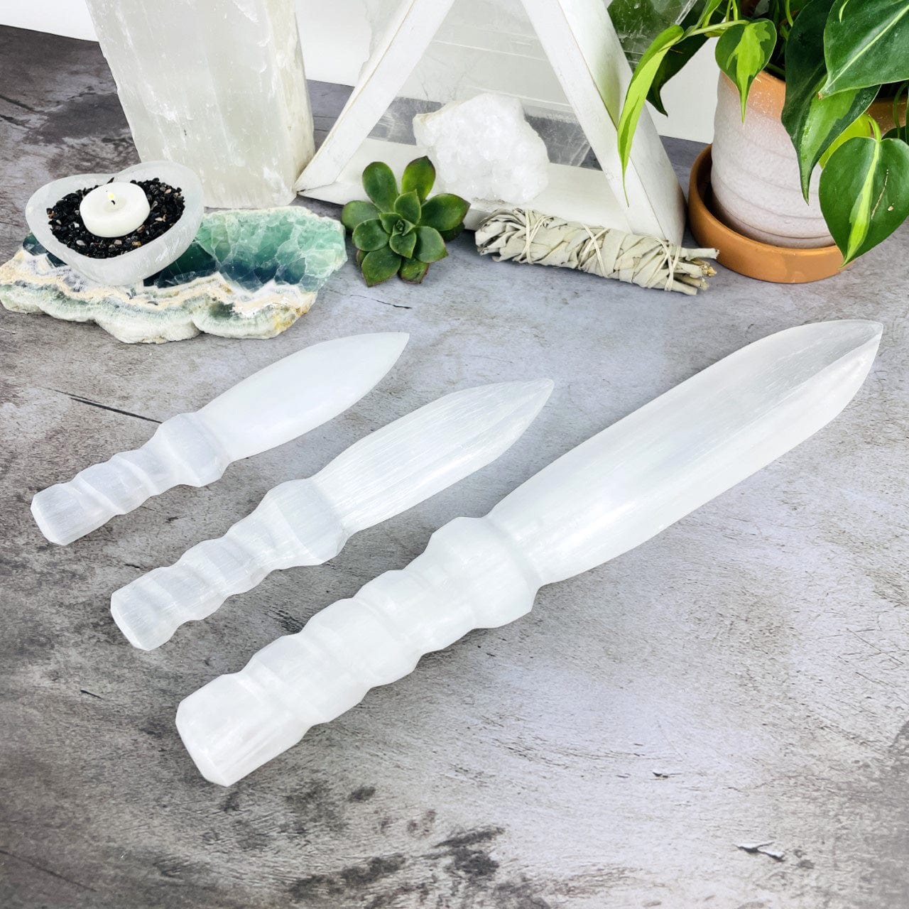 3 sizes of Selenite Knives with Twisted Handles