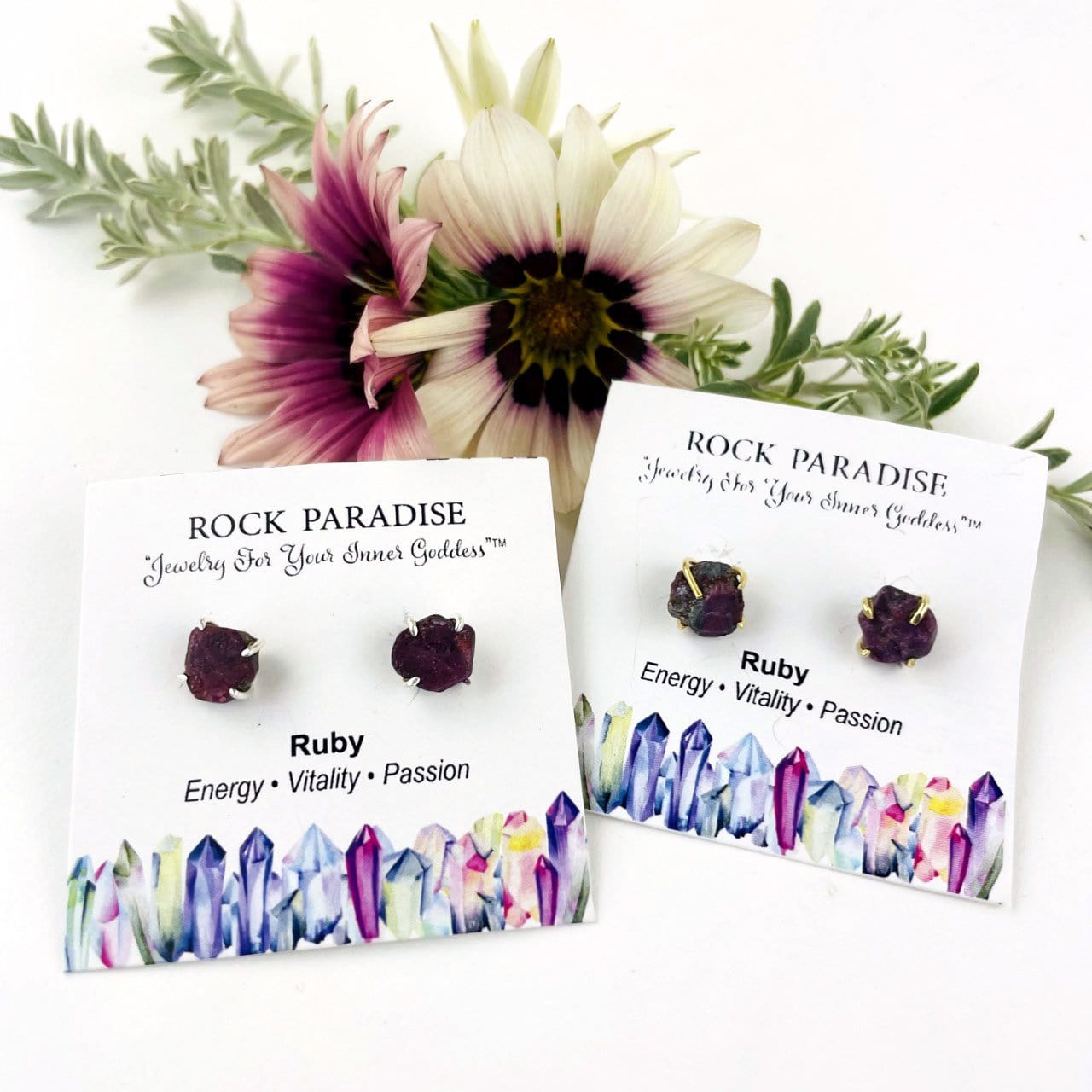 Ruby Gemstone Stud Earrings in gold and silver