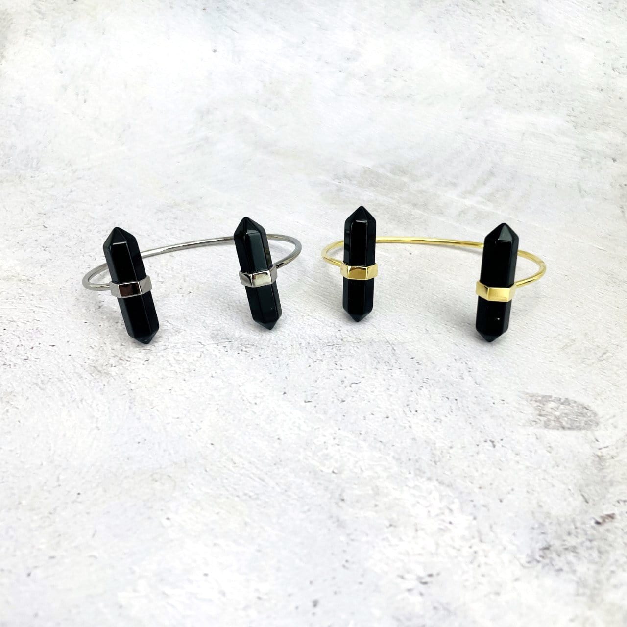 obsidian Crystal Point Cuff in gold and silver