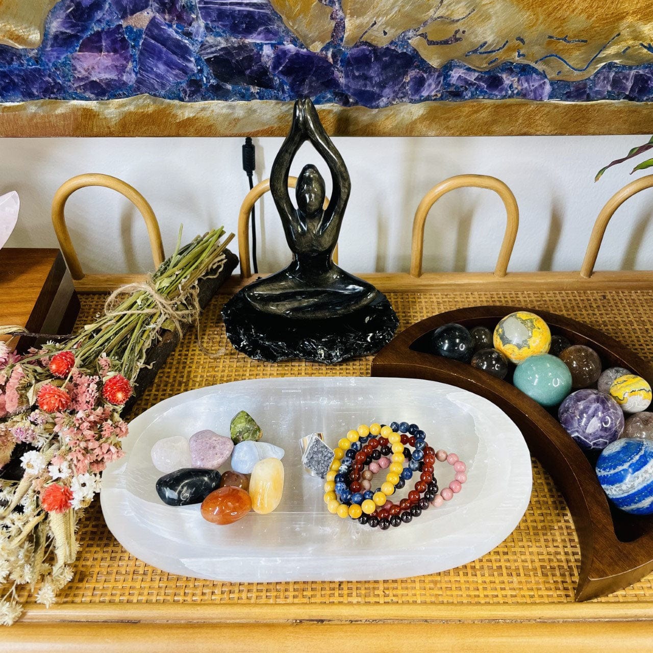 Selenite Extra Large Oval Bowl - Charging Station with stones and Jewelry in it