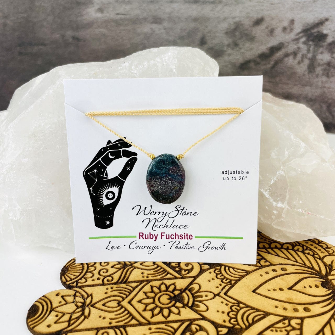 ruby fuchsite necklace carded for display