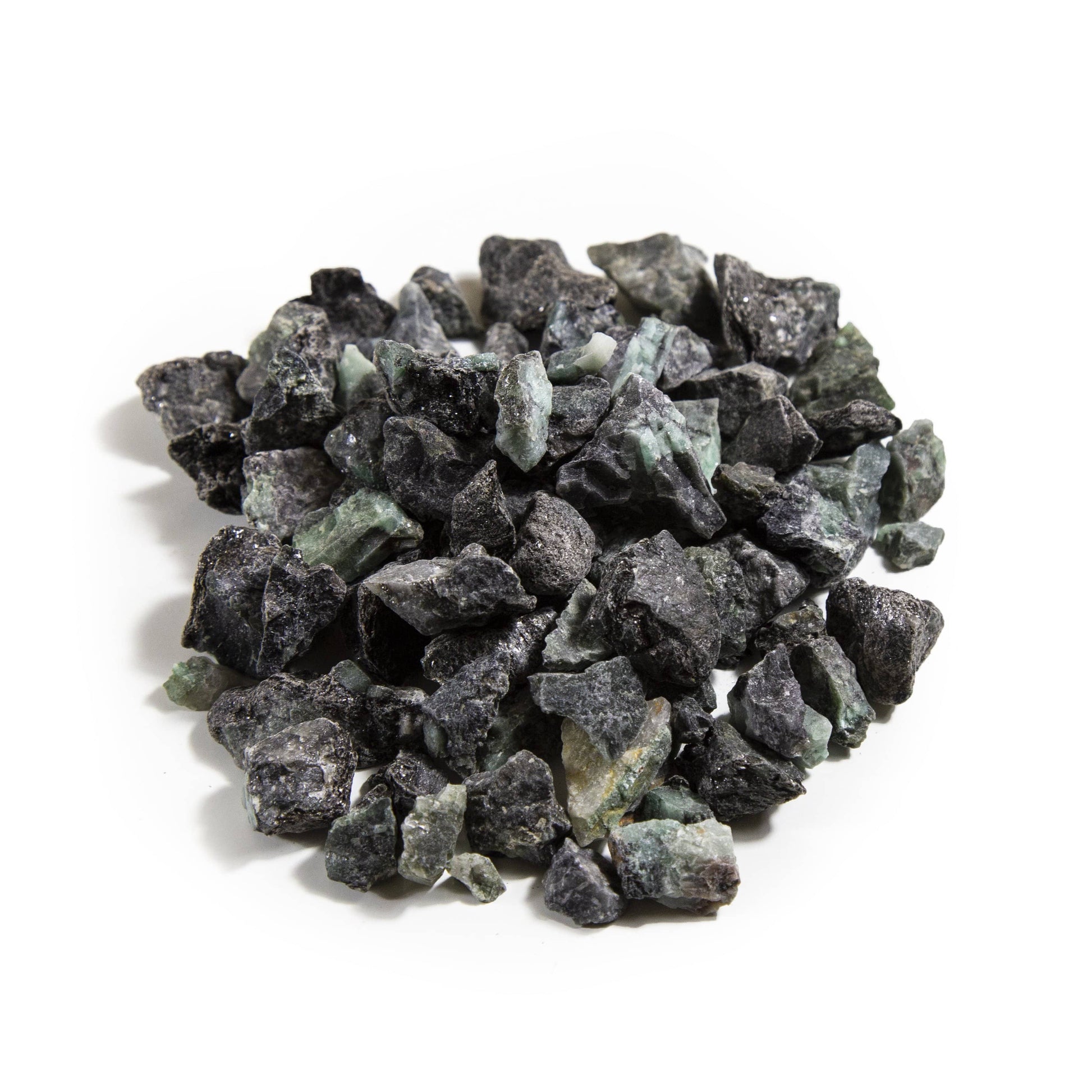 Multiple little pieces of Emerald Rough Stones on white background 