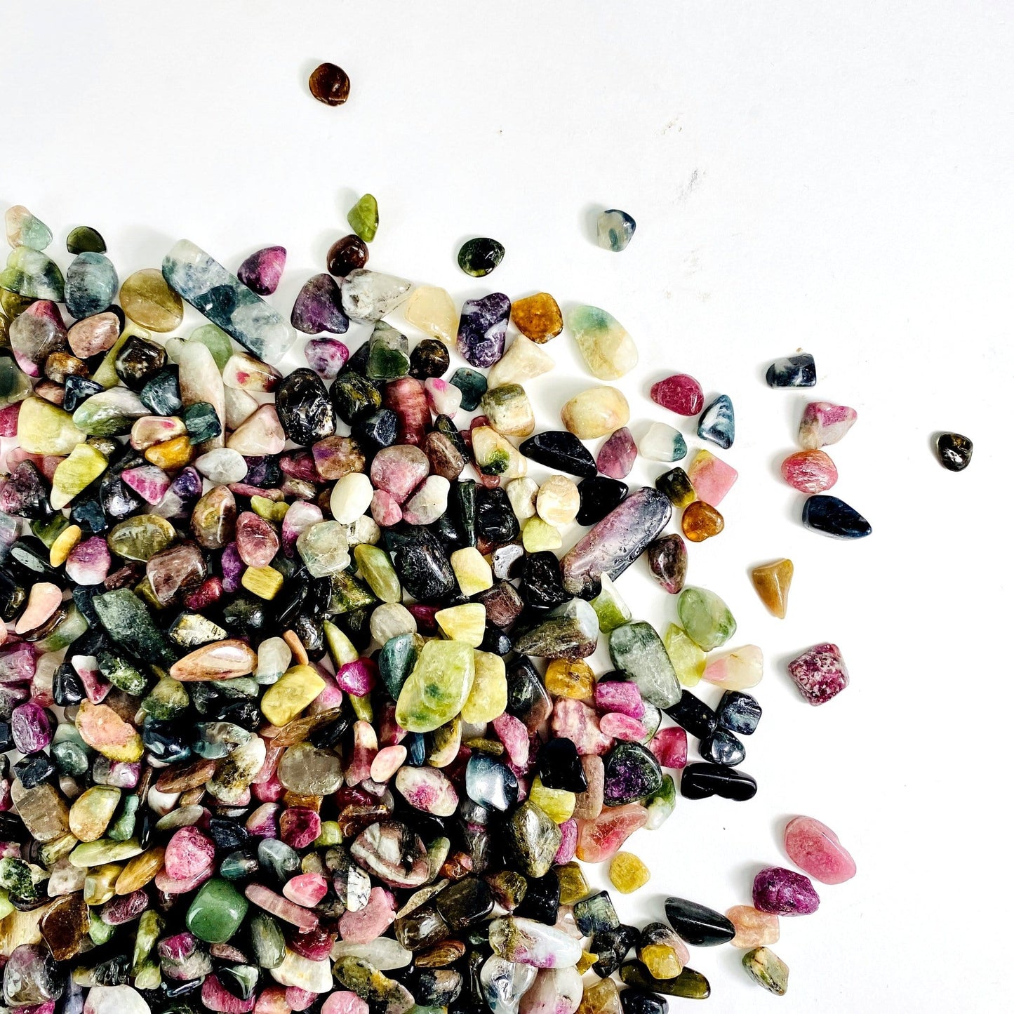 Watermelon Tourmaline chips from a top view 