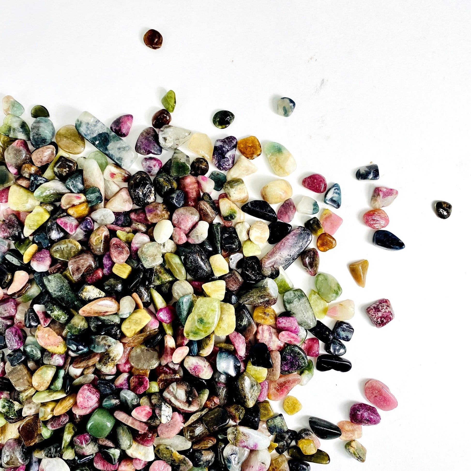Watermelon Tourmaline chips from a top view 