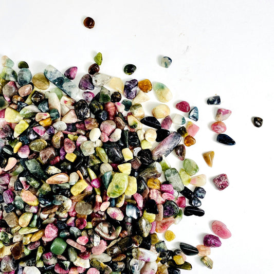Watermelon Tourmaline chips from a top view 