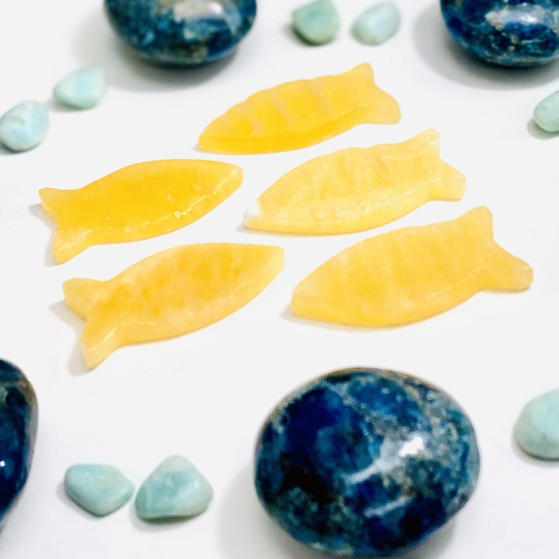 Orange Calcite Fish Slices - on a table 