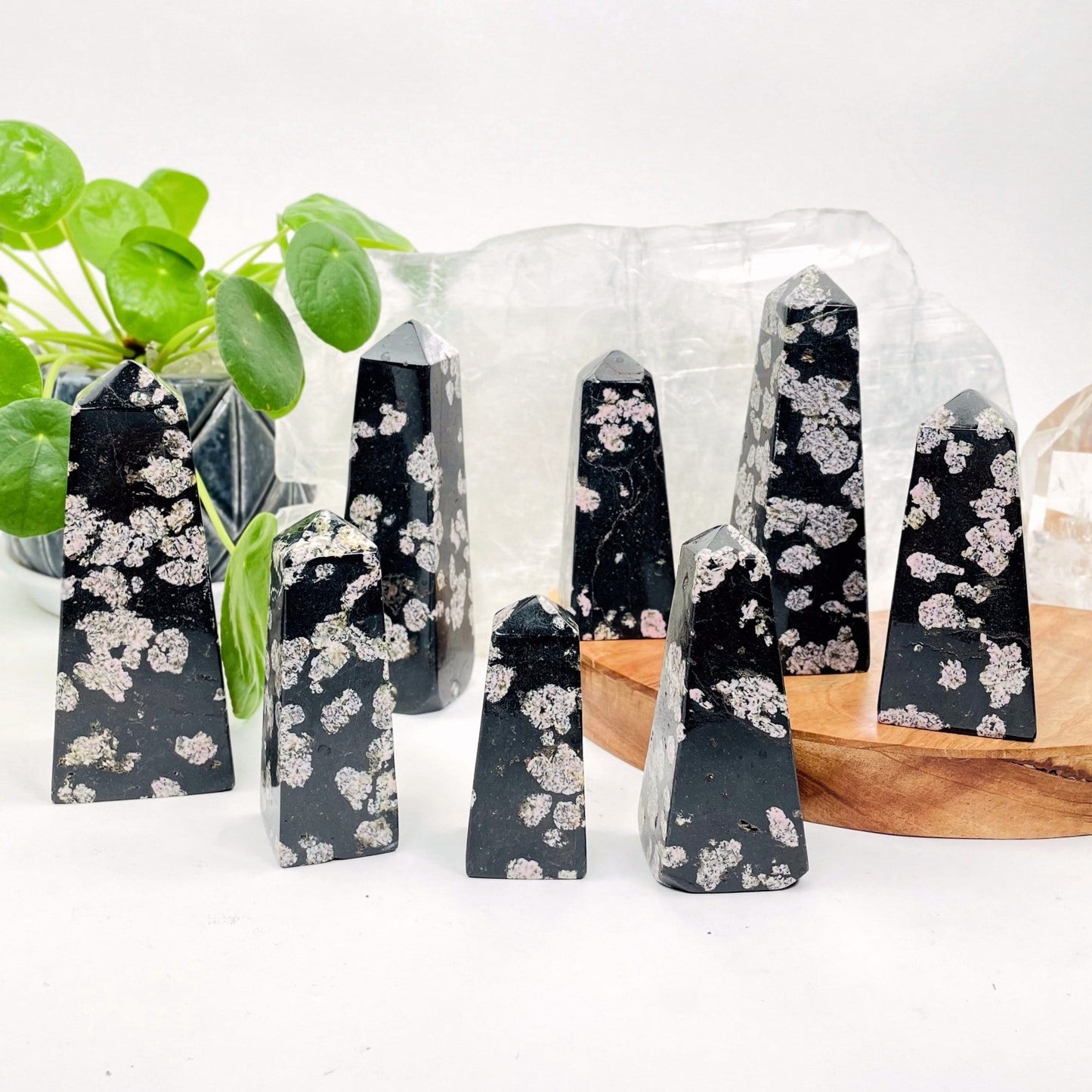 black jade with pink thulite obelisks with decorations