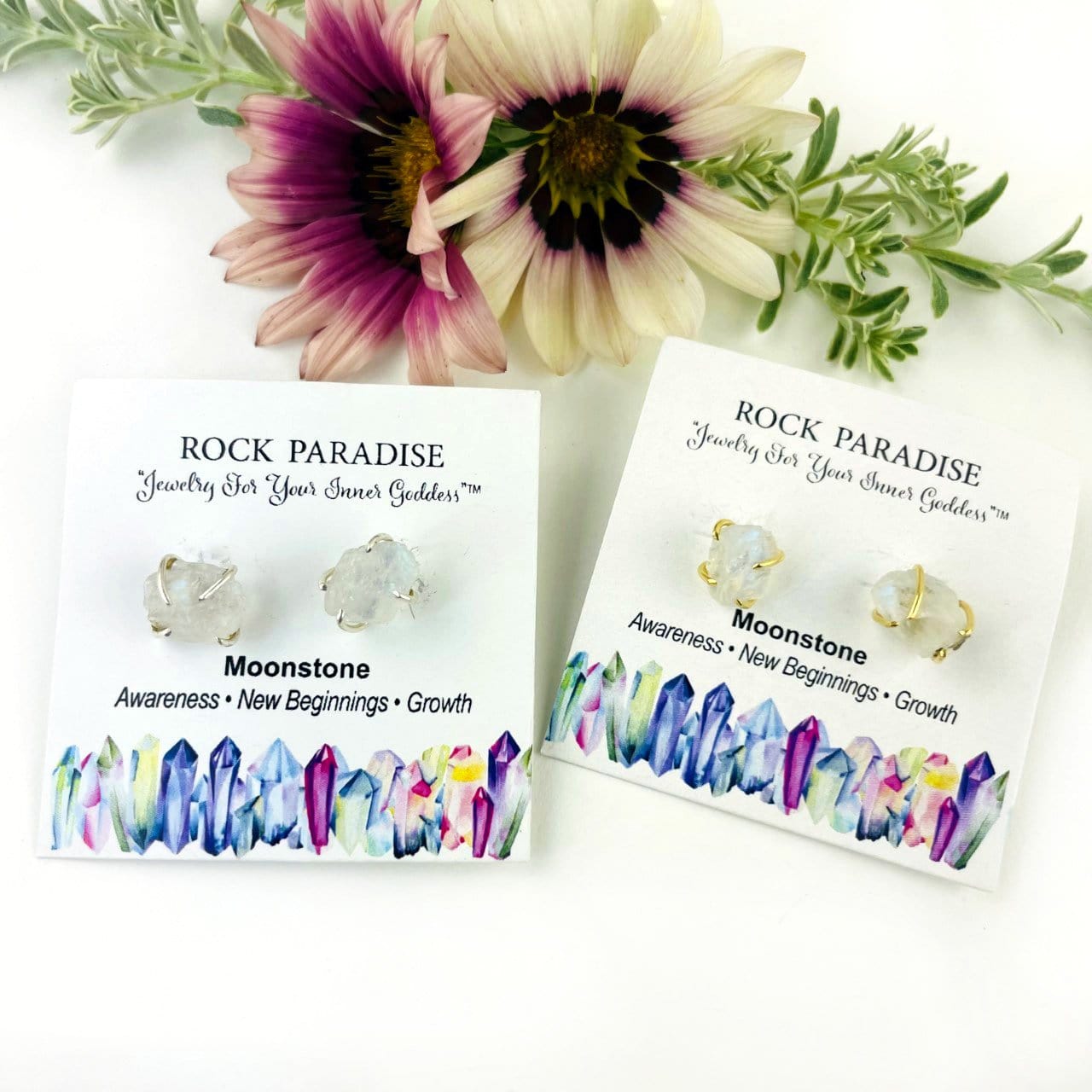 Moonstone Gemstone Stud Earrings in gold and silver