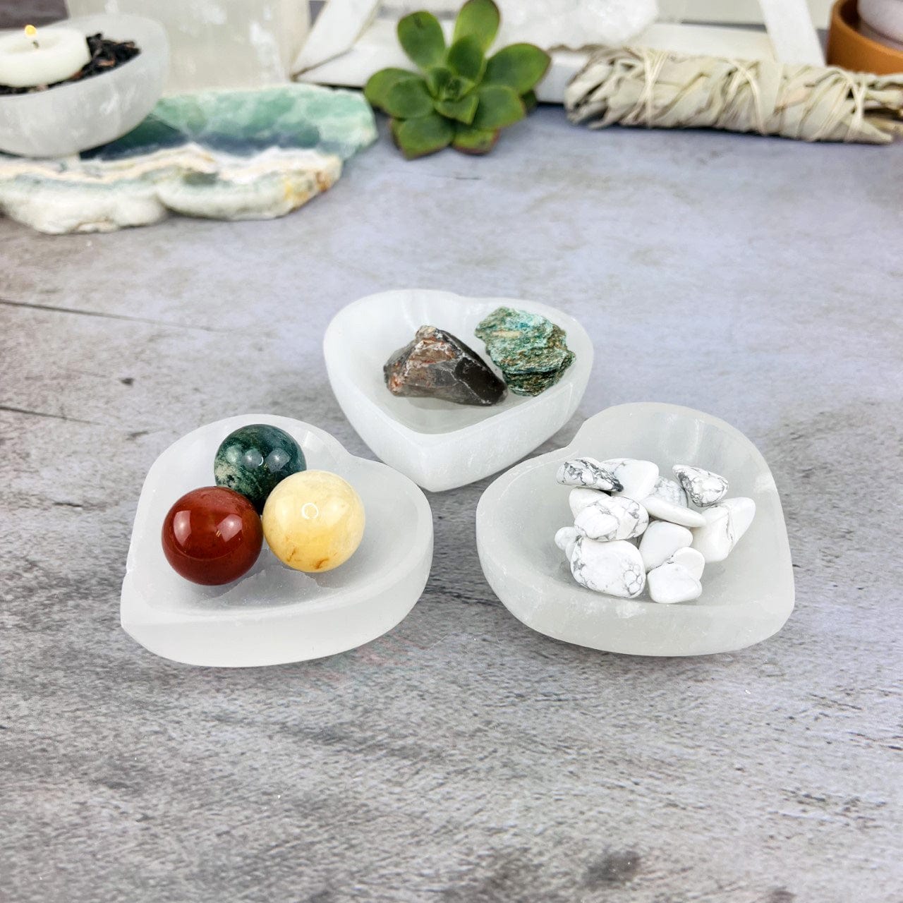 smaller size Selenite Heart Bowls from an angle