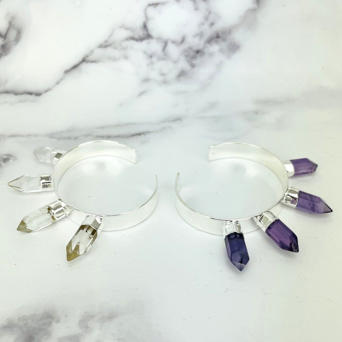 silver electroplated bracelet comes in crystal quartz and amethyst displayed on white background