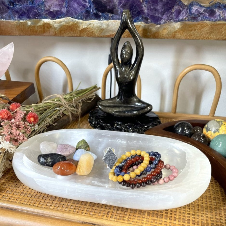 Selenite Extra Large Oval Bowl - Charging Station with stones and Jewelry in it