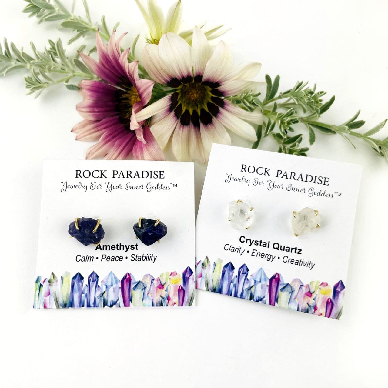 Amethyst and Crysta; Quartz Gemstone Stud Earrings in gold
