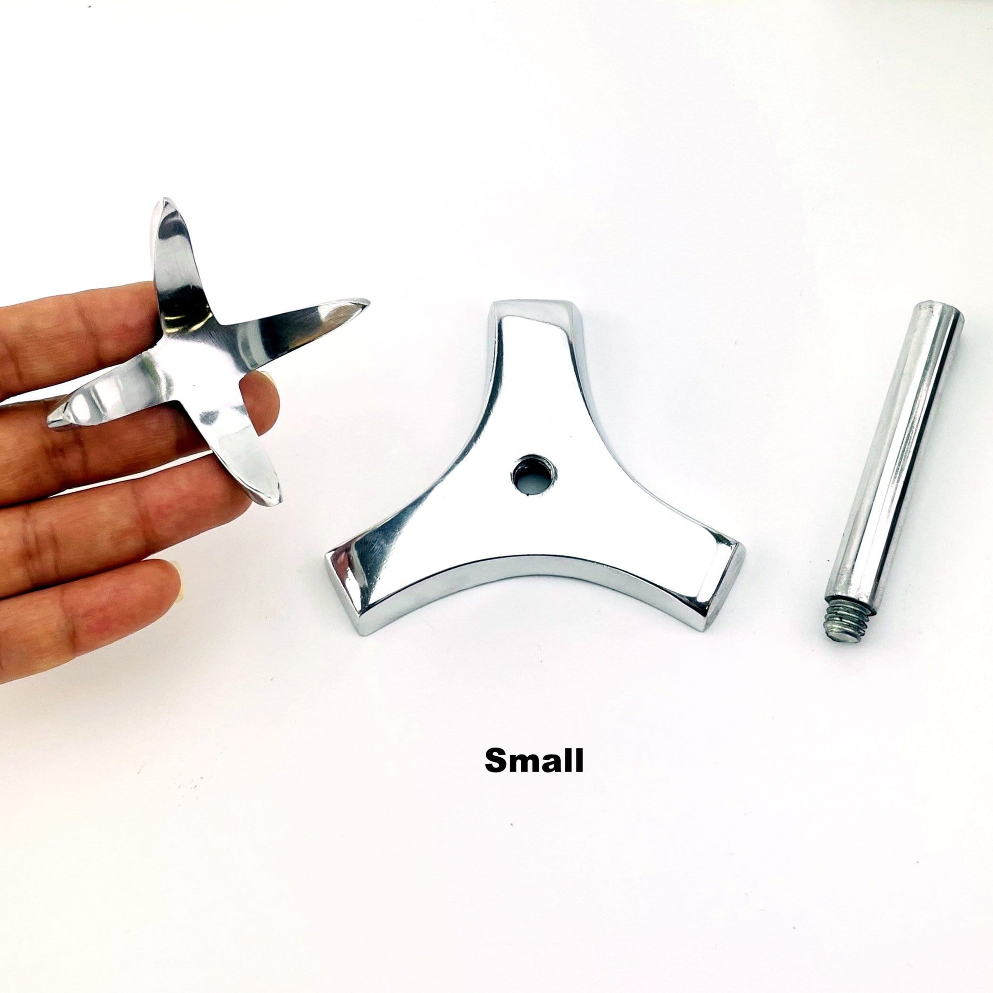 The small sphere stand shown in the three parts it comes in when it is shipped.