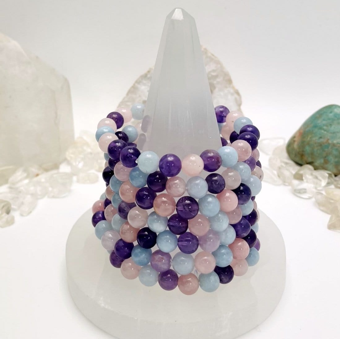 Bracelets stacked on each other to show thickness of beads