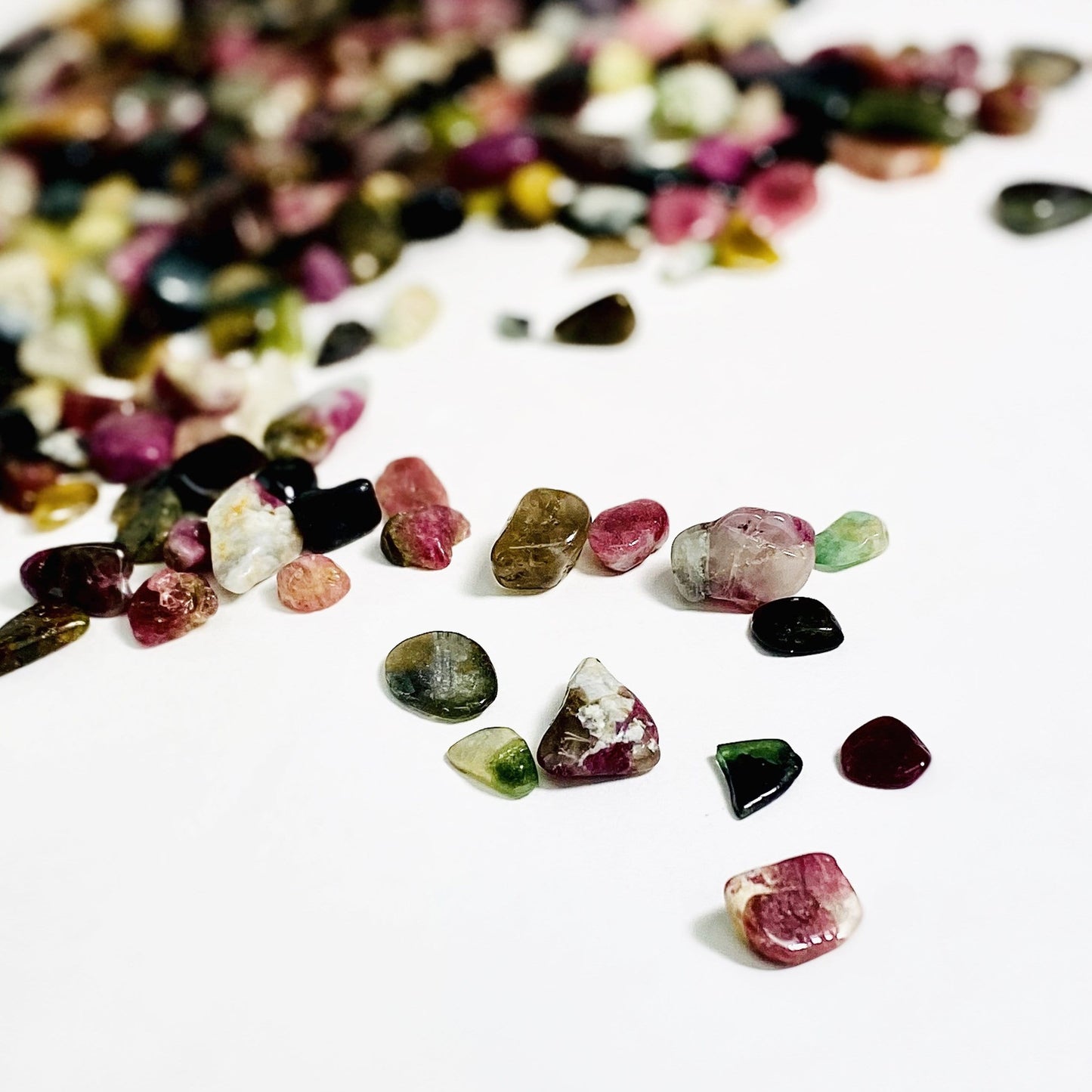 Watermelon Tourmaline chips from a side view 