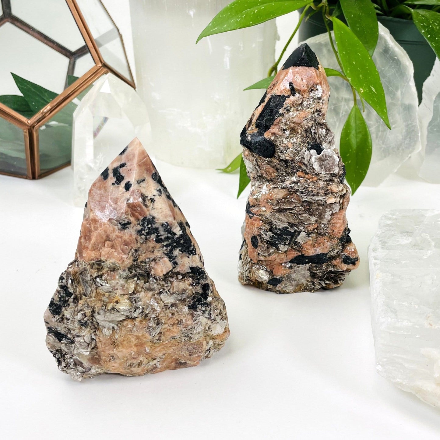 Black Tourmaline with Feldspar displayed to show various characteristics between points