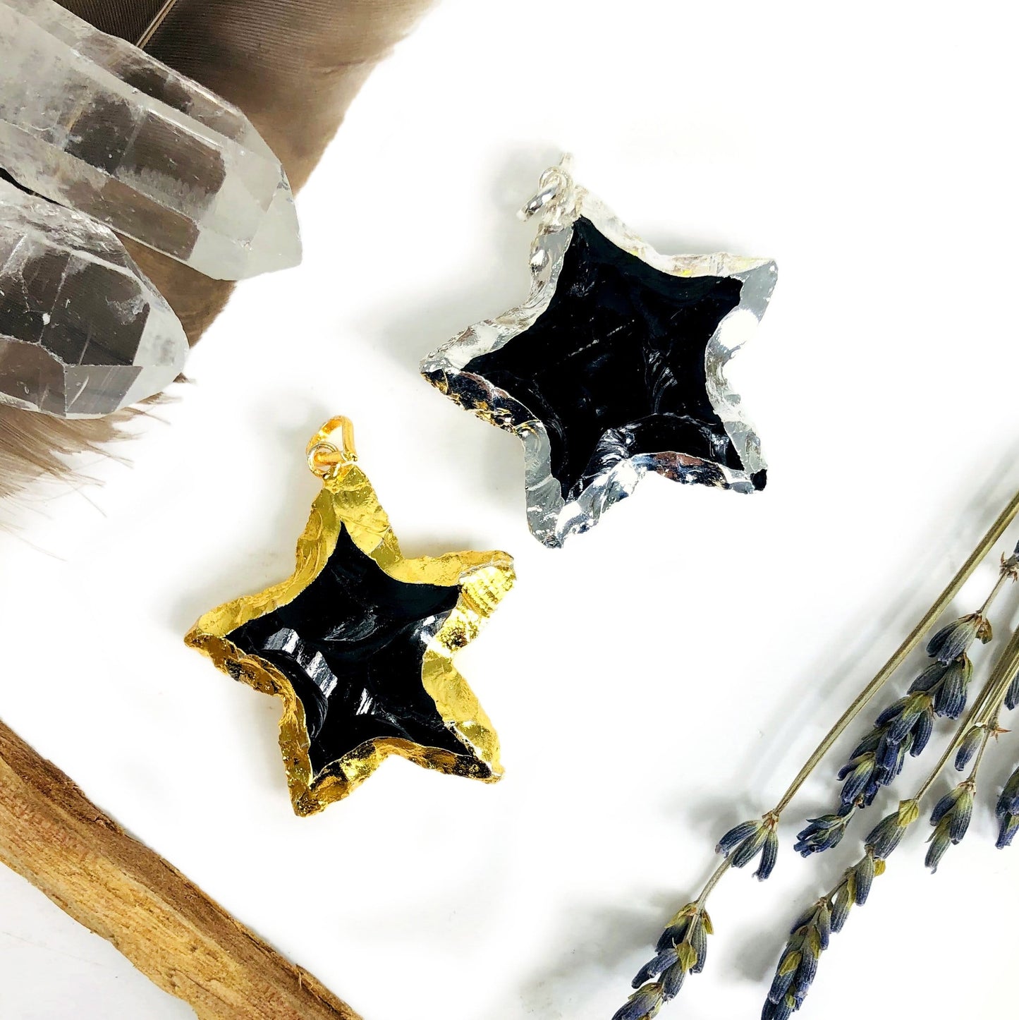 star electroplated pendants with decorations in the background