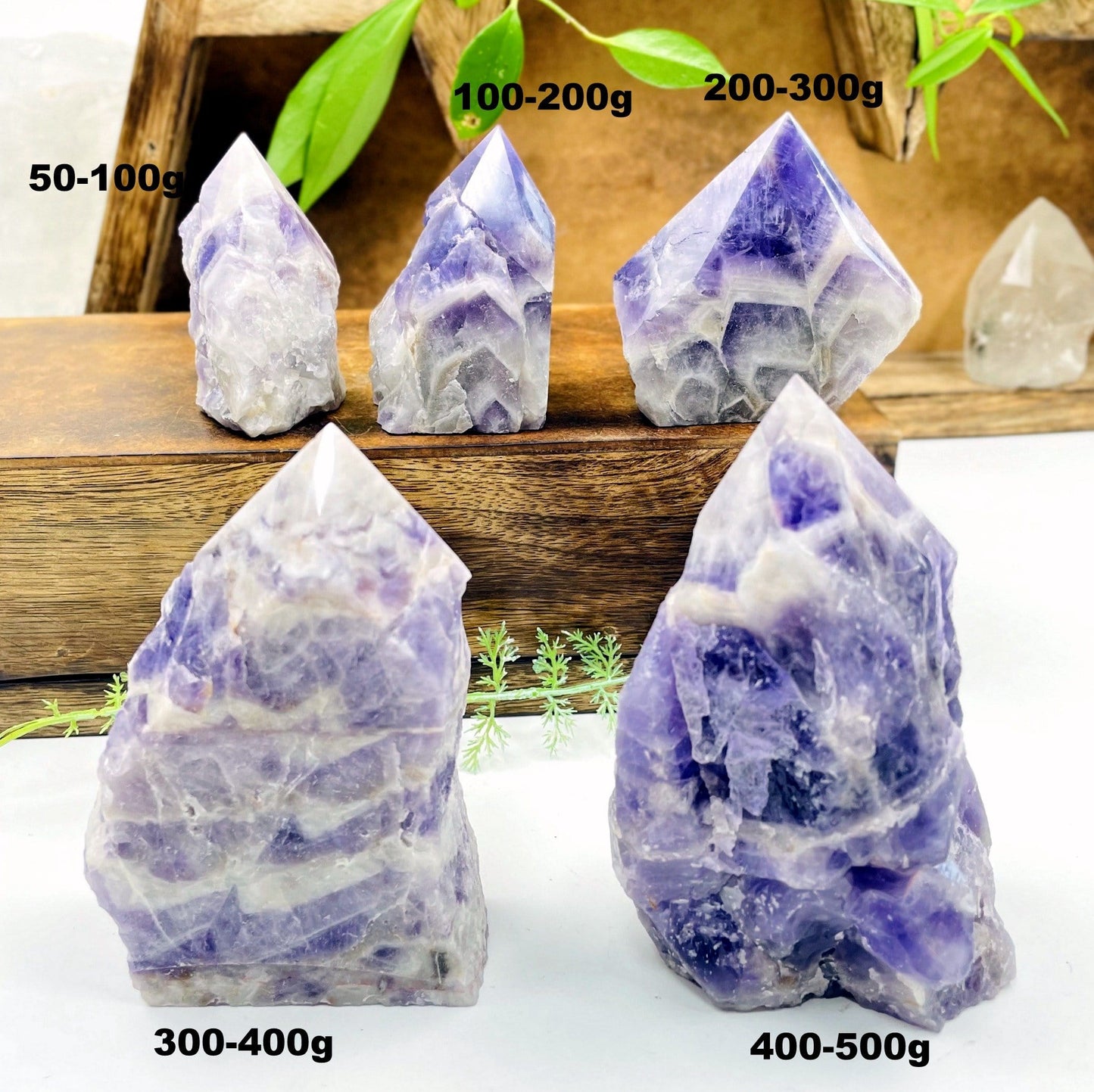 chevron amethyst polished point showing weight in grams 