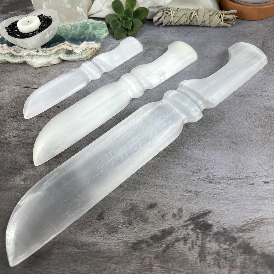 3 sizes of Selenite Knives with Hand Cut and Polished Handles