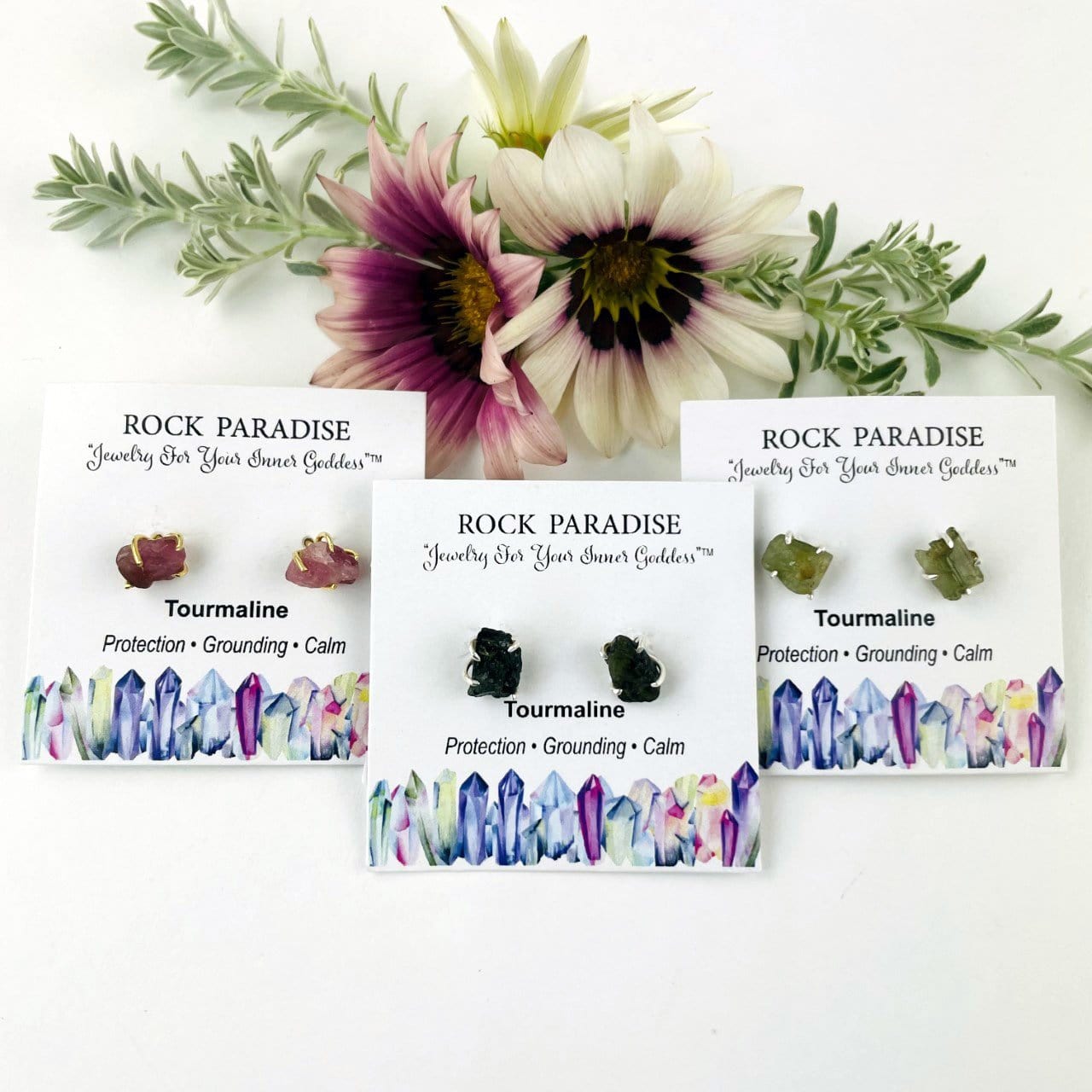 watermelon tourmaline Gemstone Stud Earrings in gold and silver, showing different shades of pink light green and dark green available