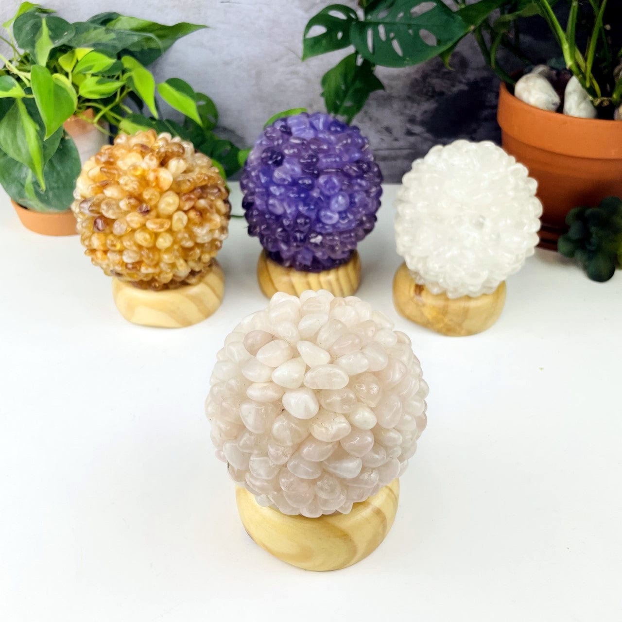 Tumbled Rose Quartz Stone lamp in front with other options behind