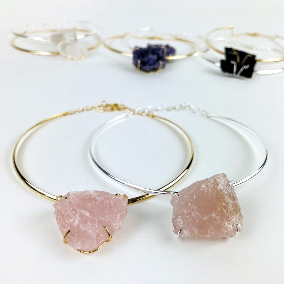 Rose Quartz choker in gold and silver up close with others options in background