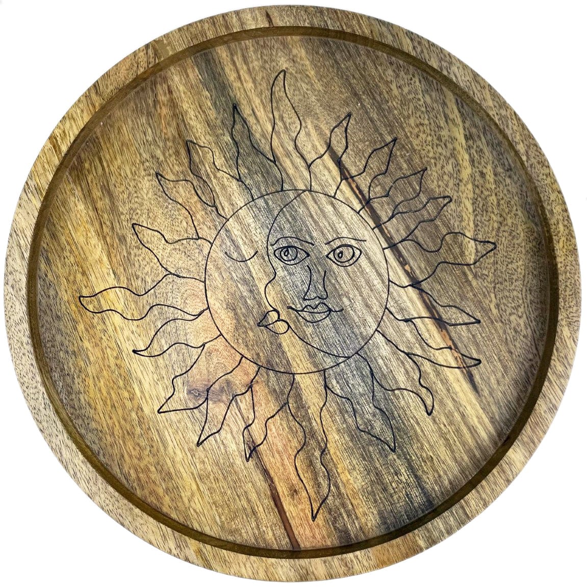 close up of large sun and moon mango wood tray