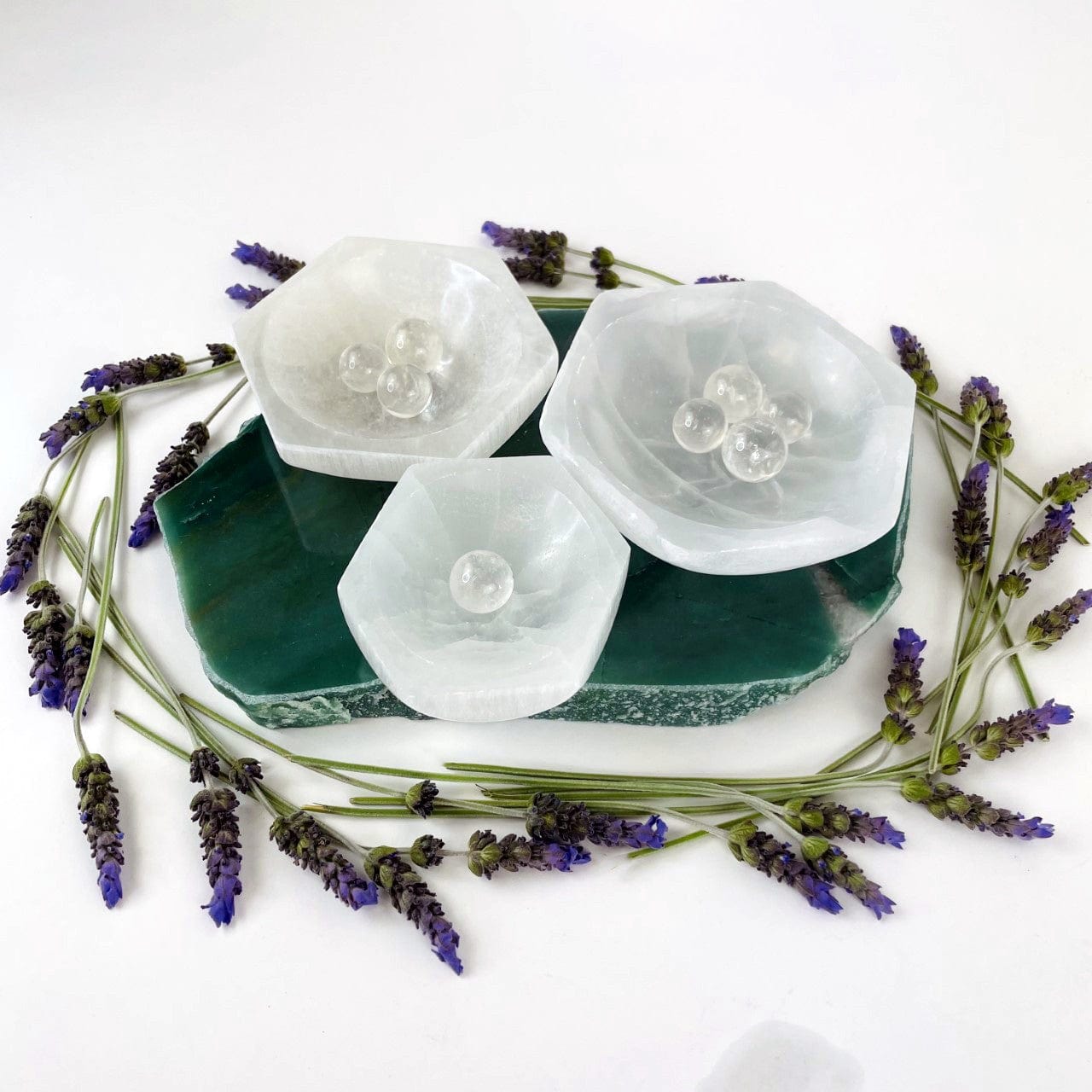 hexagon selenite bowls in display