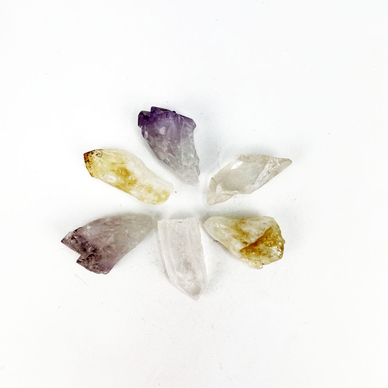 Triple Energy Set of 2 Quartz, 2 Amethyst and 2 Citrine Points 
