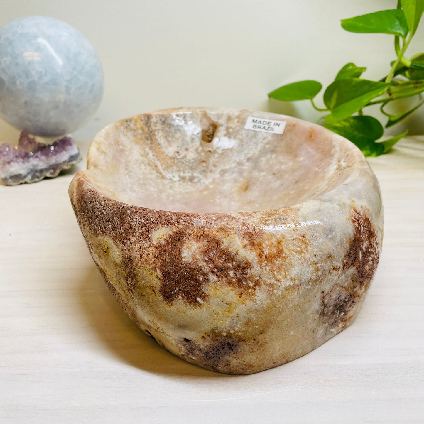 pink amethyst bowl is fully polished 