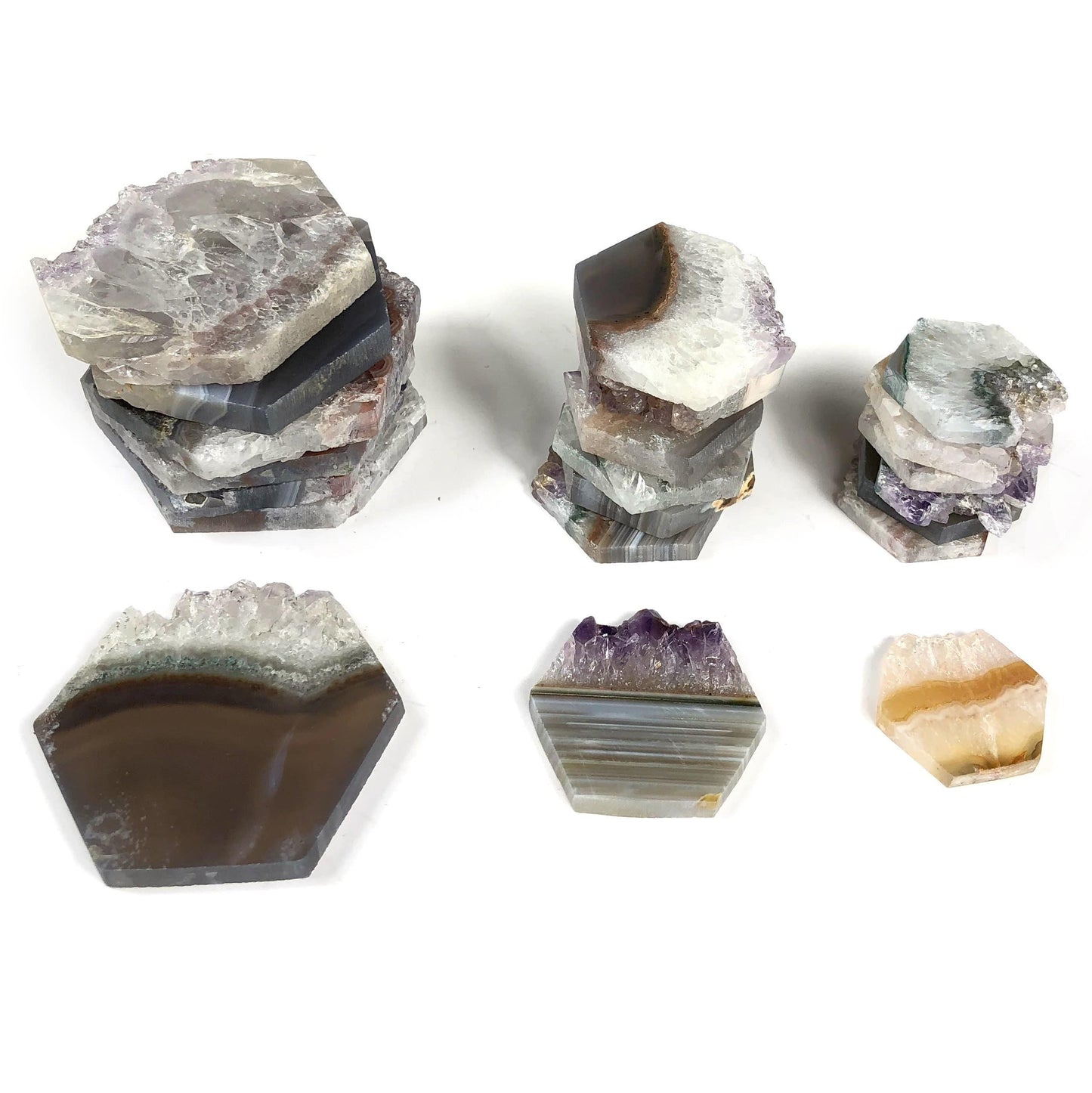 hexagon amethyst slice displayed in various sizes in large medium small