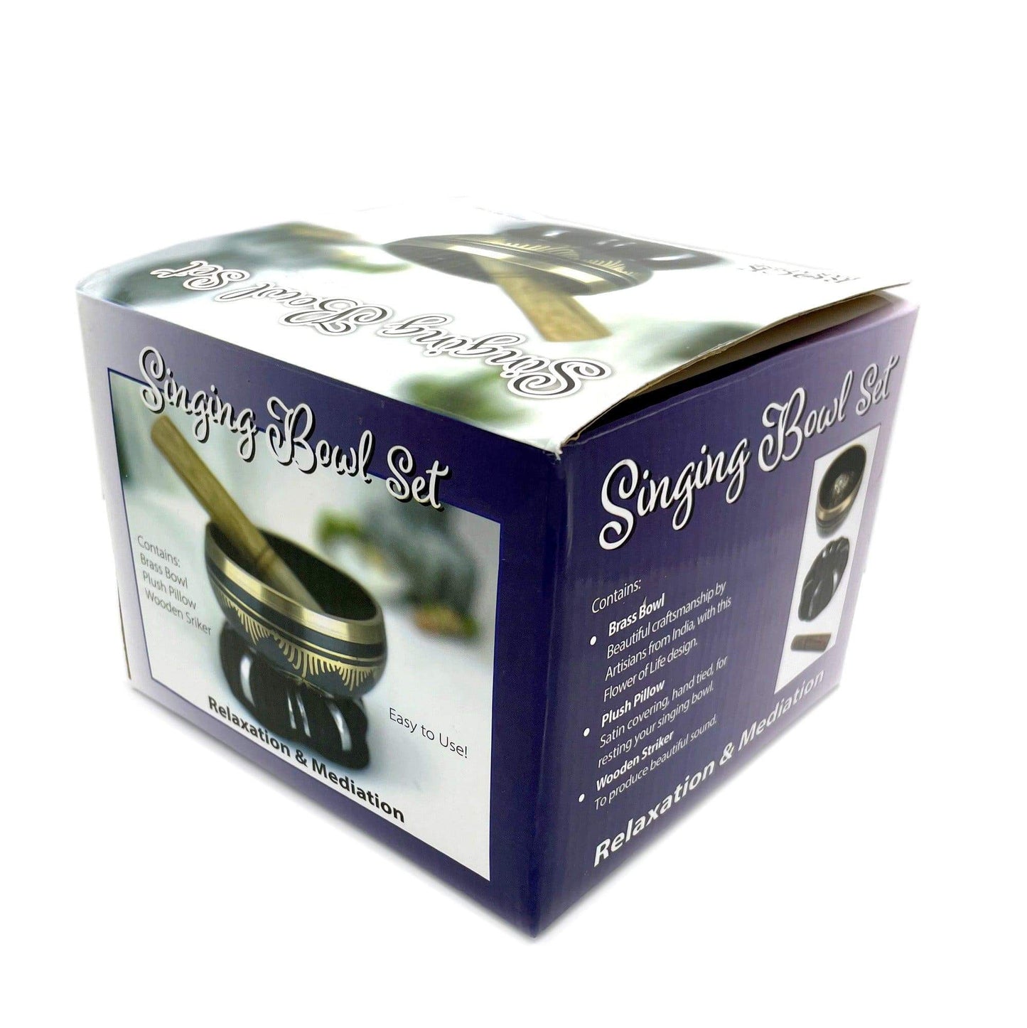 Brass Singing Bowl Set in the box with all the information on it