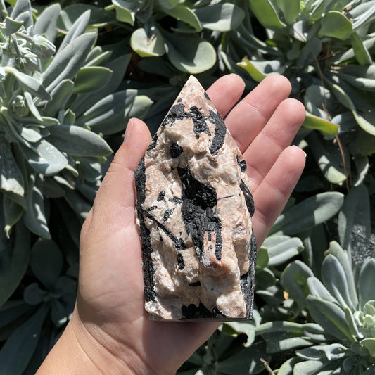 Black Tourmaline with Feldspar Semi-polished Point in hand to show pattern color texture characteristics