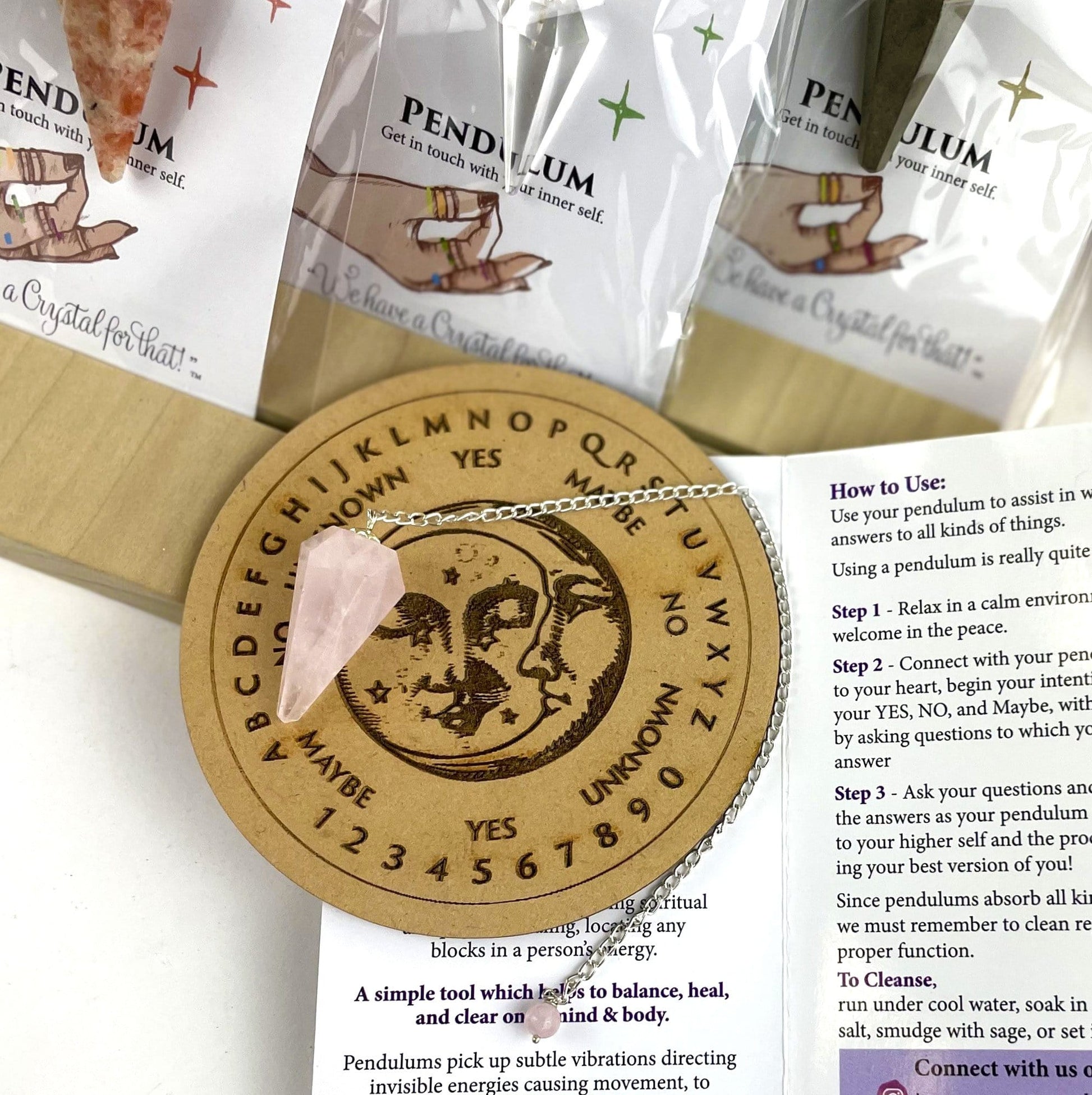 Moon and sun pendulum board with Rose Quartz pendulum (Pendulum not included)