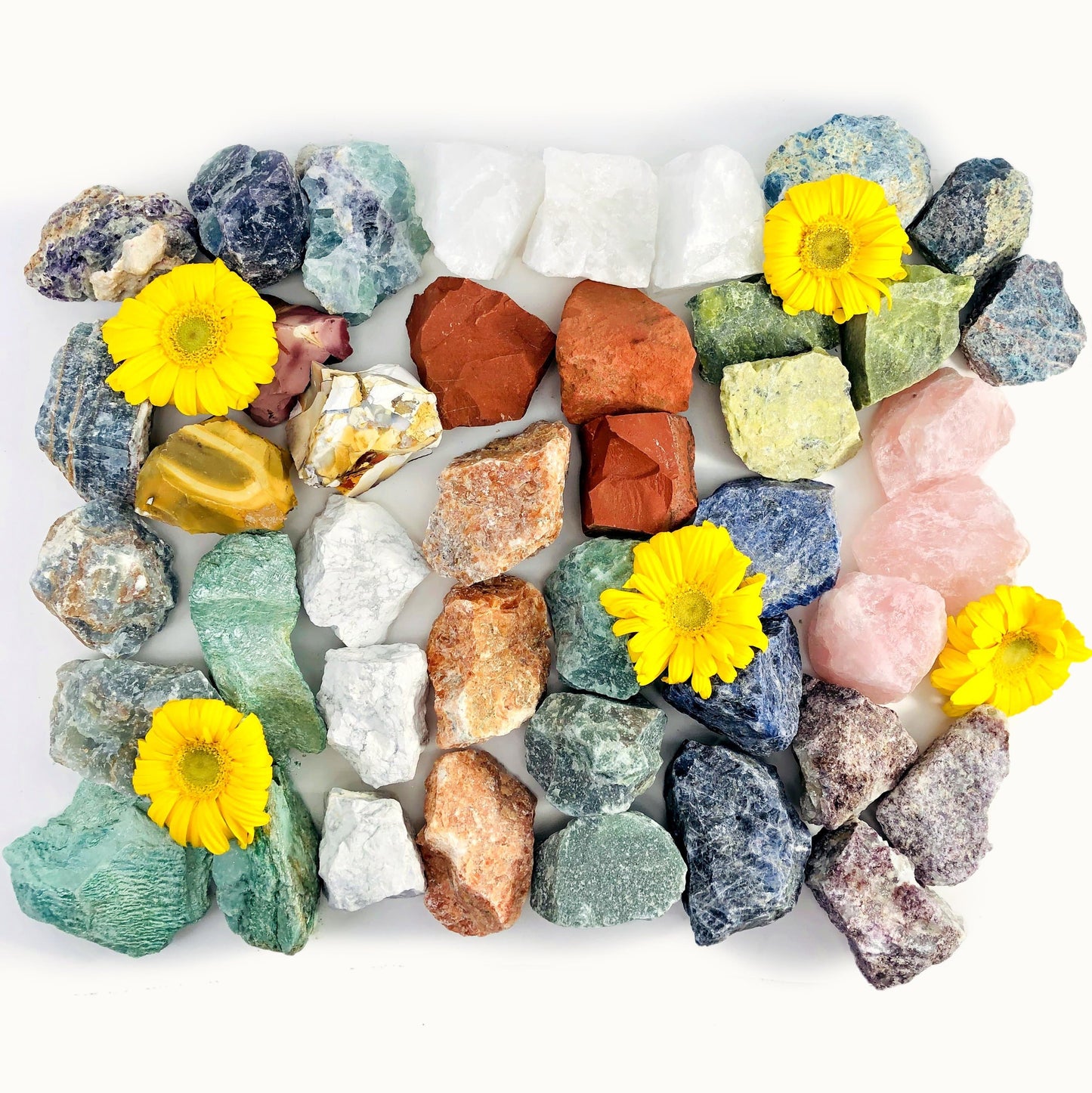 many different rough stones on display