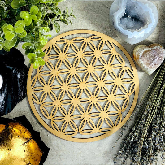 Crystal Grid Flower of Life Wooden Grid on display