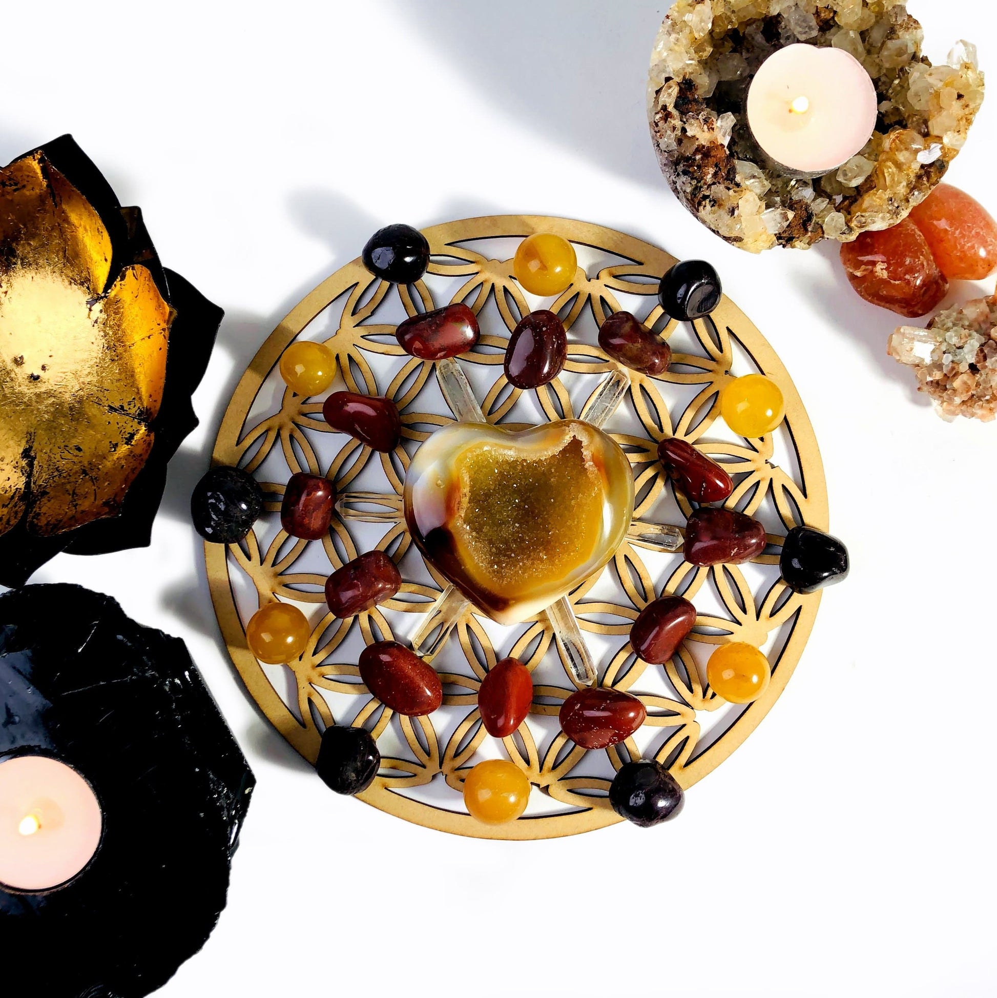 Crystal Grid Flower of Life Wooden Grid with stones on top to show use