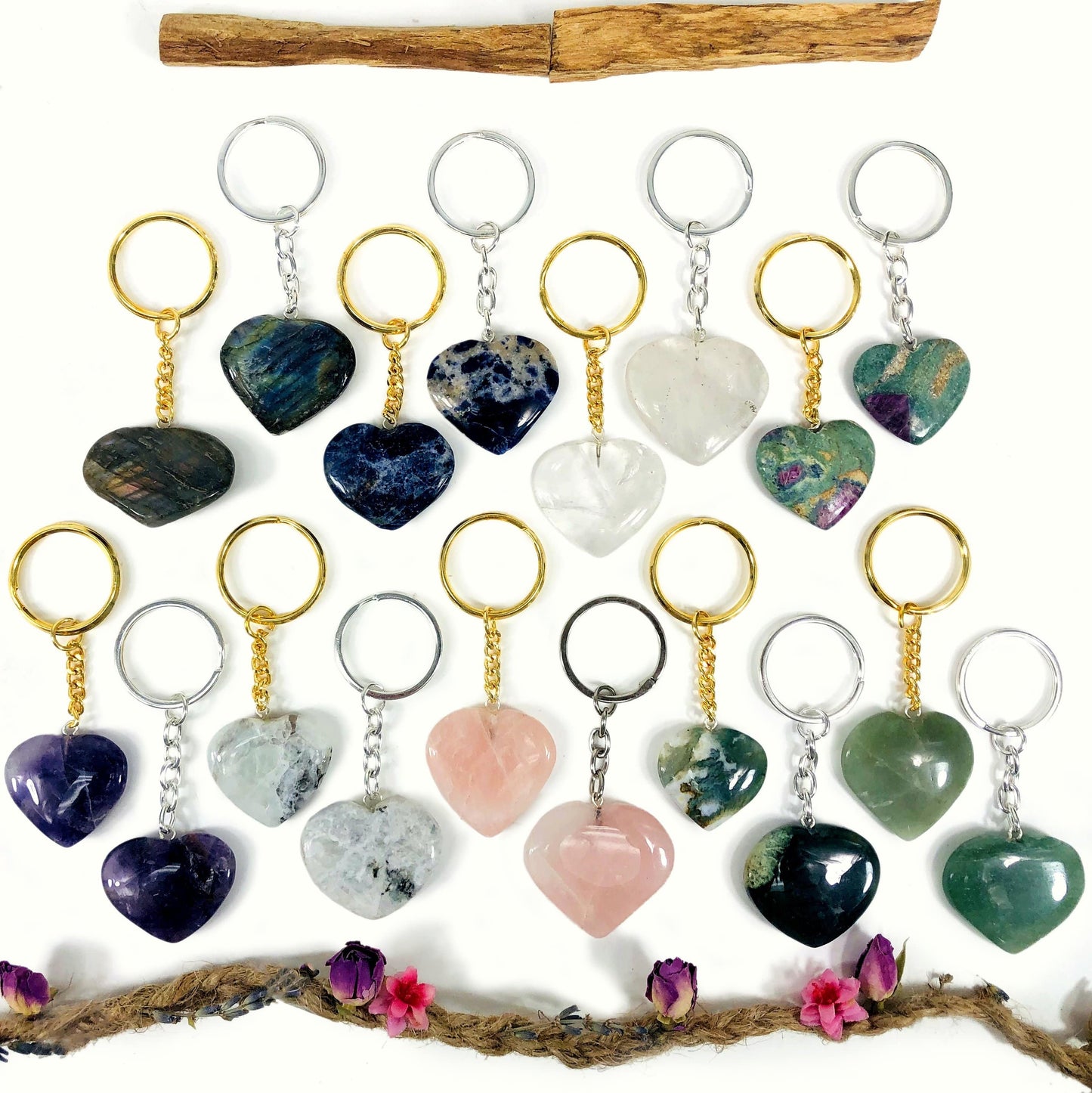 Gemstone Crystal Heart Keychains - Variety of Stones - 10 Pack