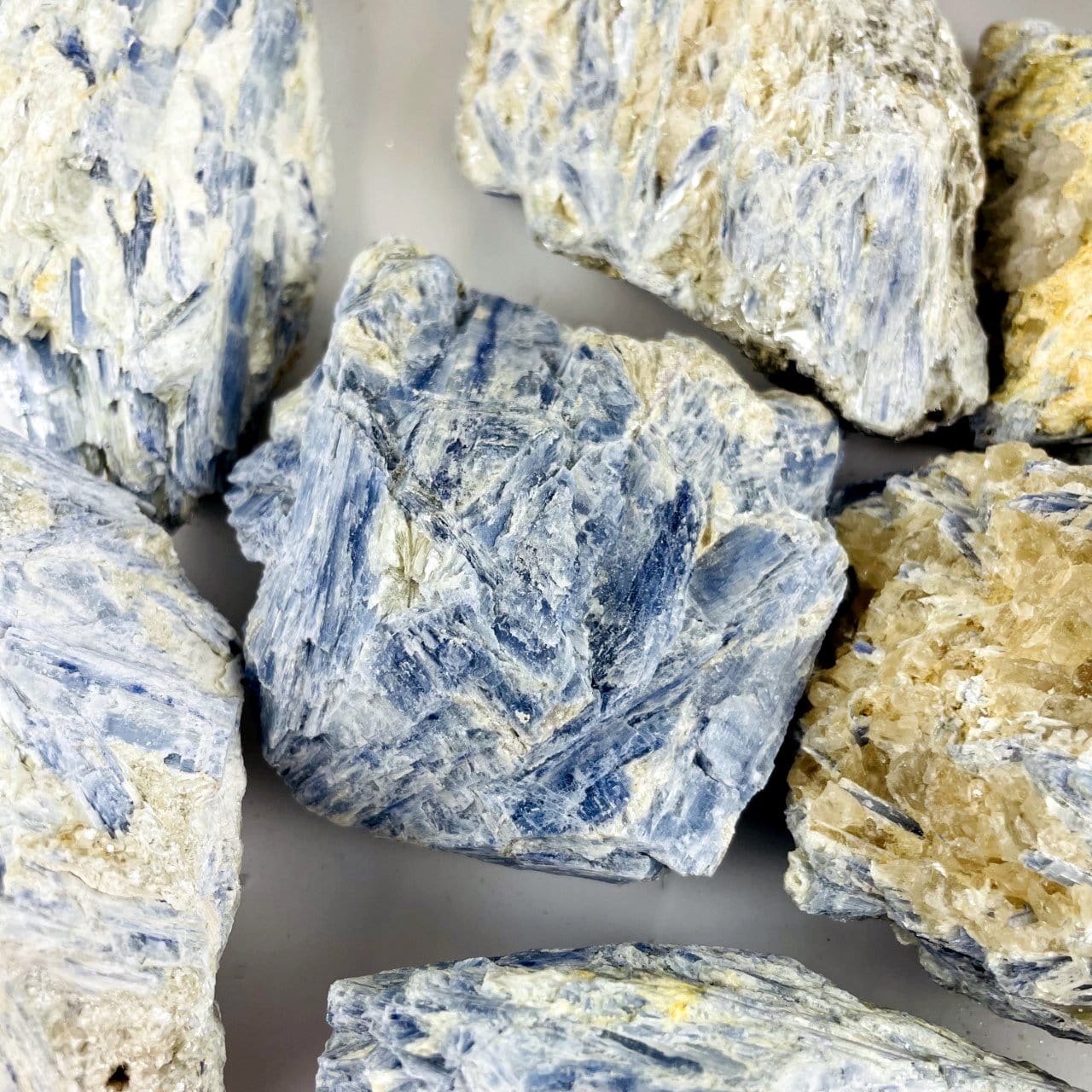 close up of details on natural blue kyanite clusters