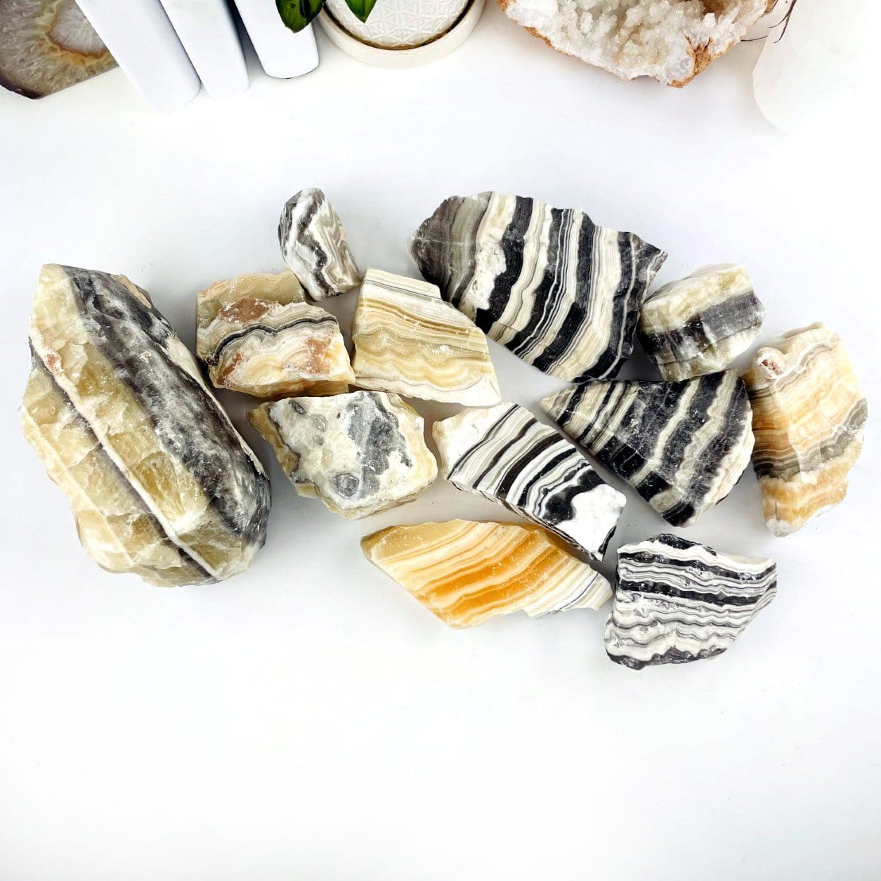5 kilos worth of Mexican onyx laid out on a table as display.