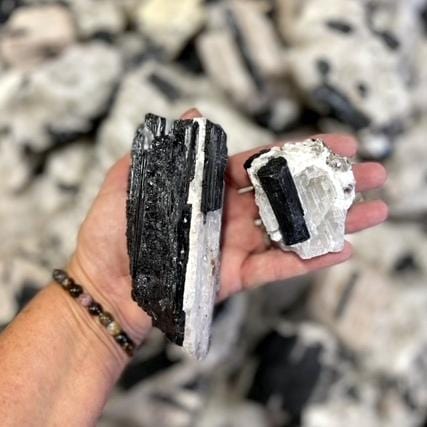 large and small pieces of tourmaline on matrix in hand for size reference