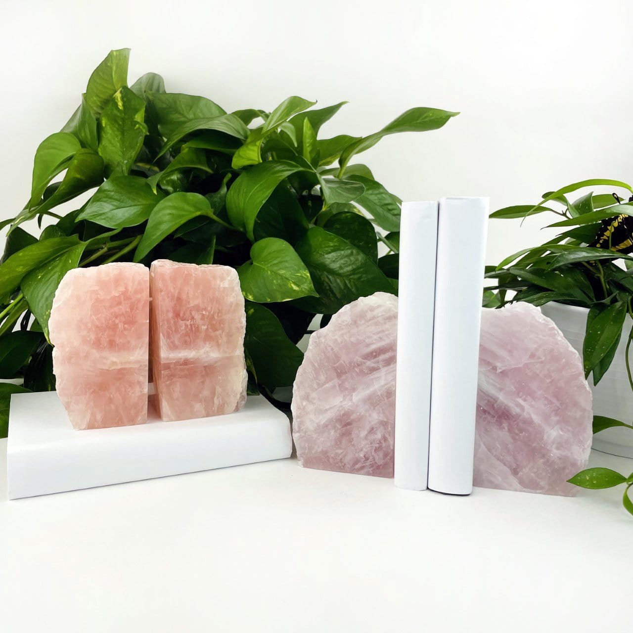 Rose Quartz Bookend Set - 2 on a table