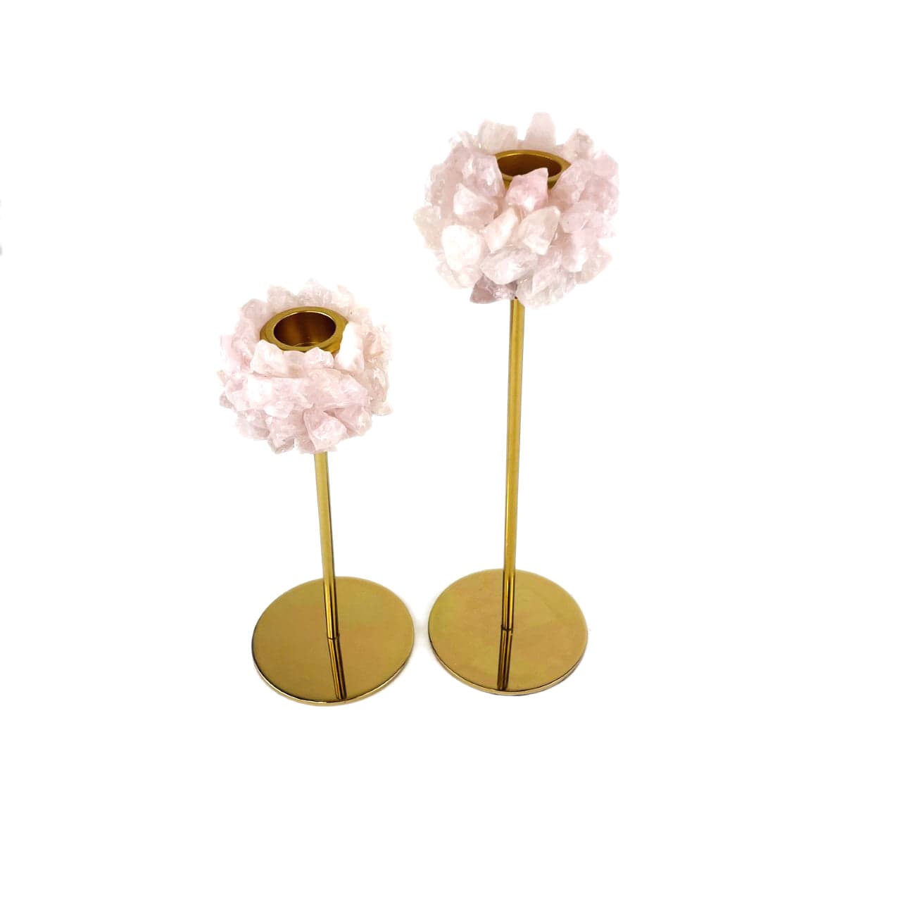 2 Rose Quartz Taper Candle Holders of different sizes on white background