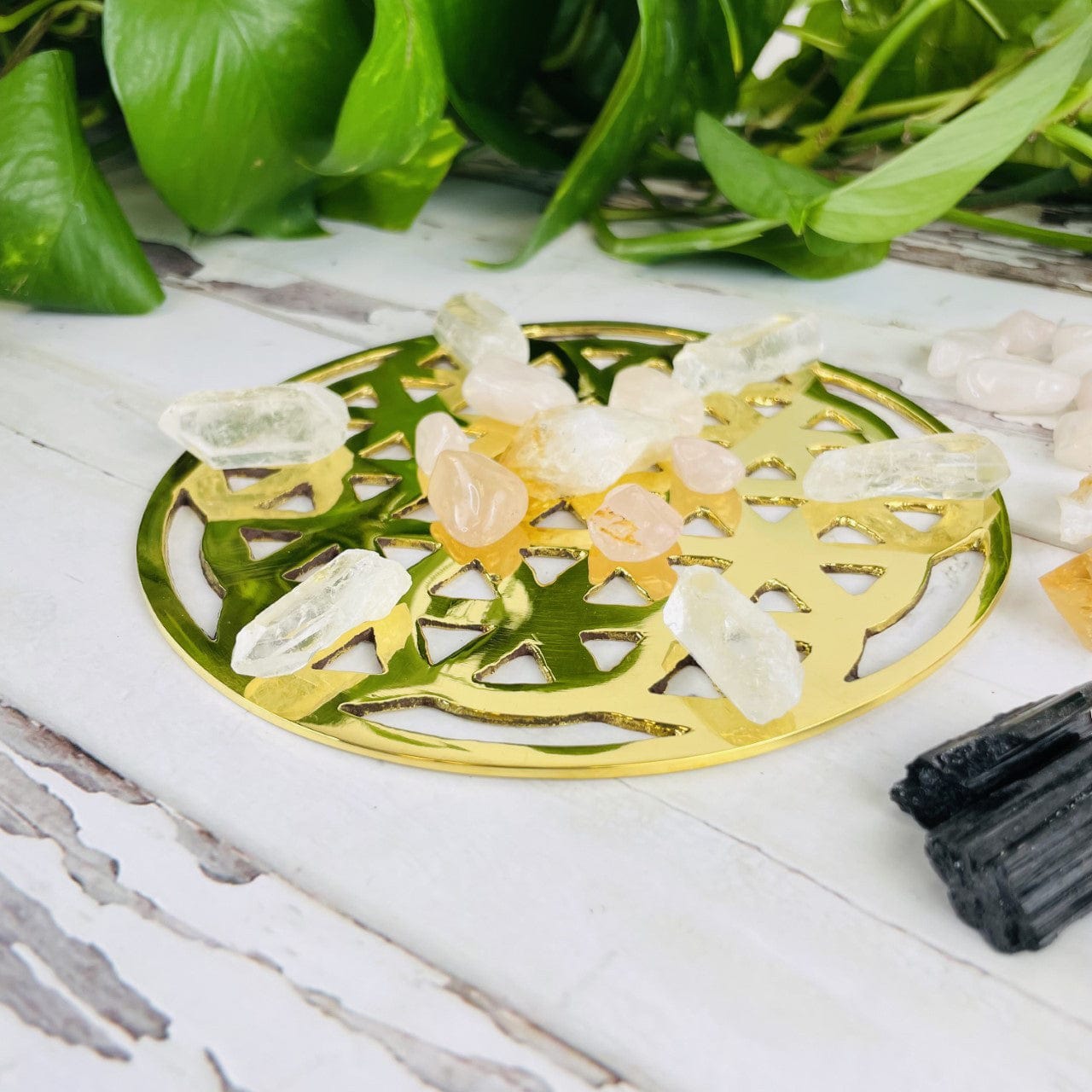 Brass Flower of Life Grid with crystals