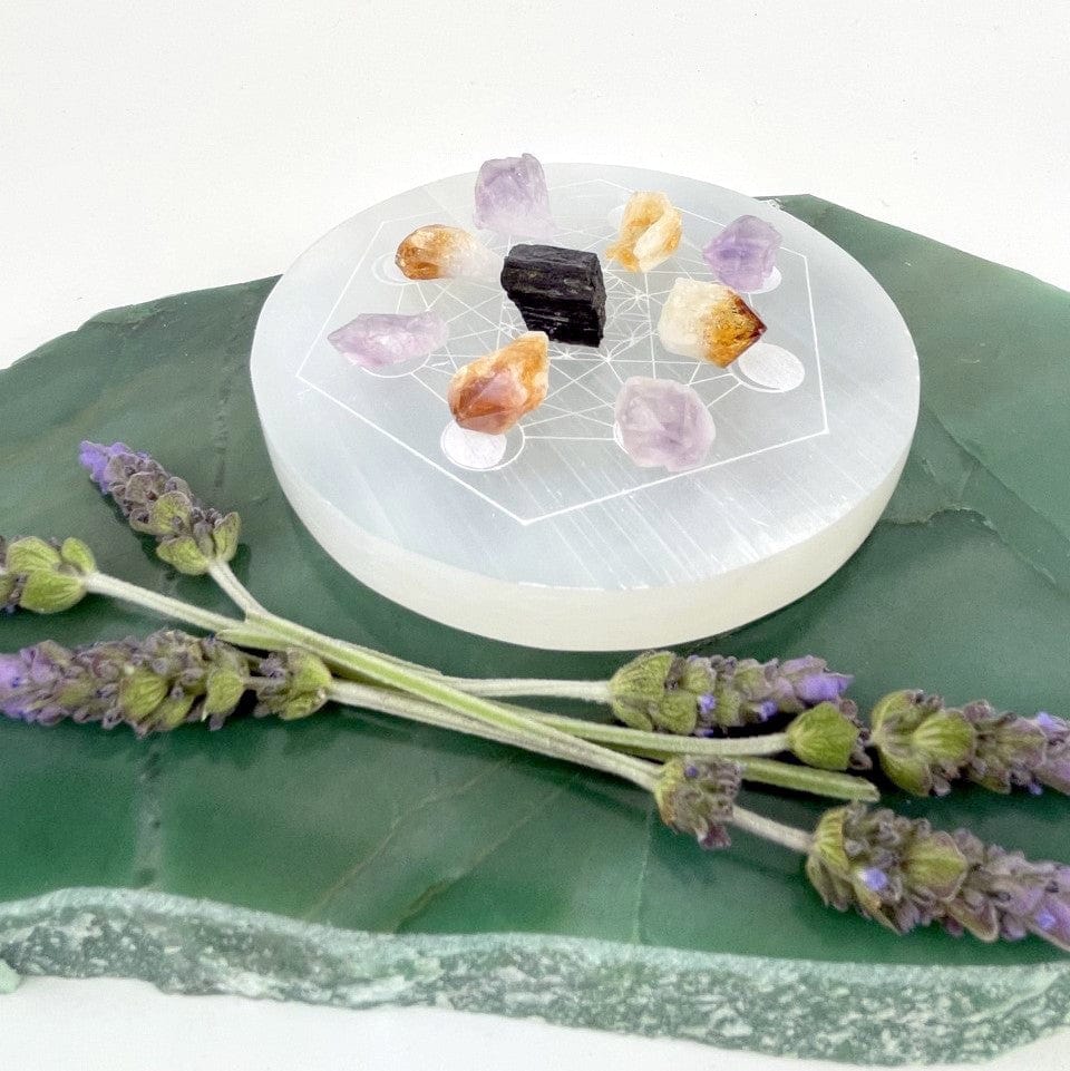 selenite moon phase engraved charging plate with stones for size reference and display ideas