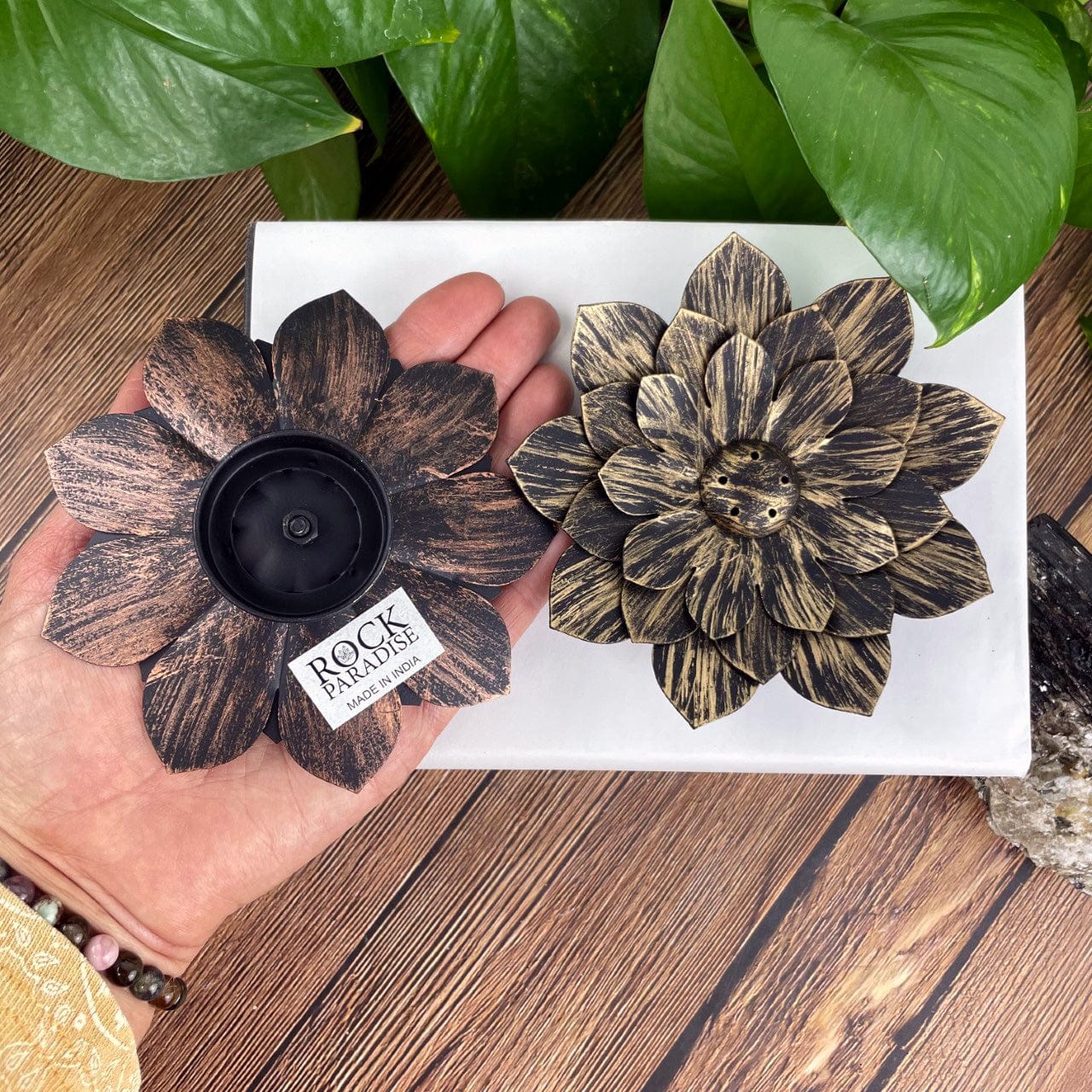 Metal Lotus Incense Holder Burner shoing bottom side of copper colored one and front side of golden colored one