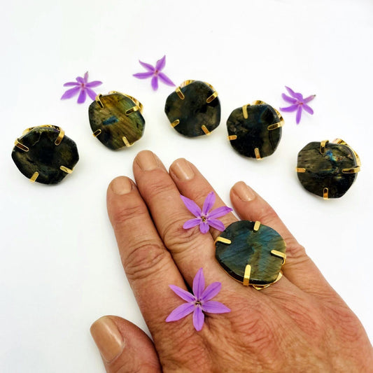 Labradorite Stone Adjustable Ring in Electroplated Gold displayed on hand for size reference