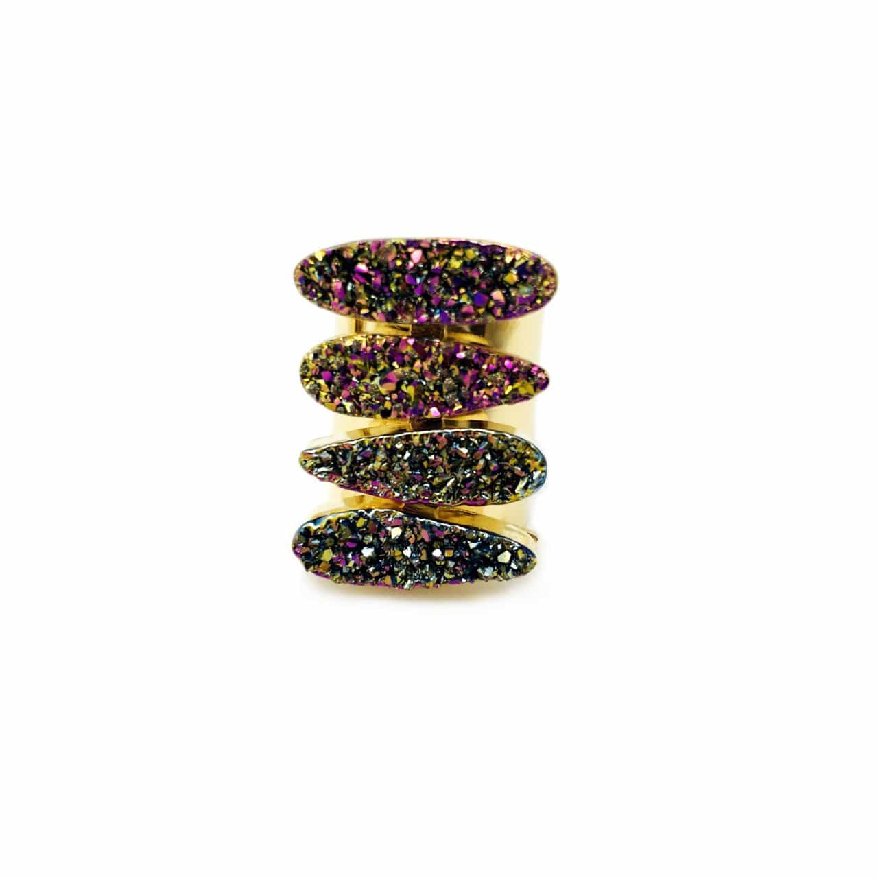 View of the Rainbow Titanium Adjustable Teardrop Druzy Ring with Electroplated 24k Gold Adjustable Cigar Band