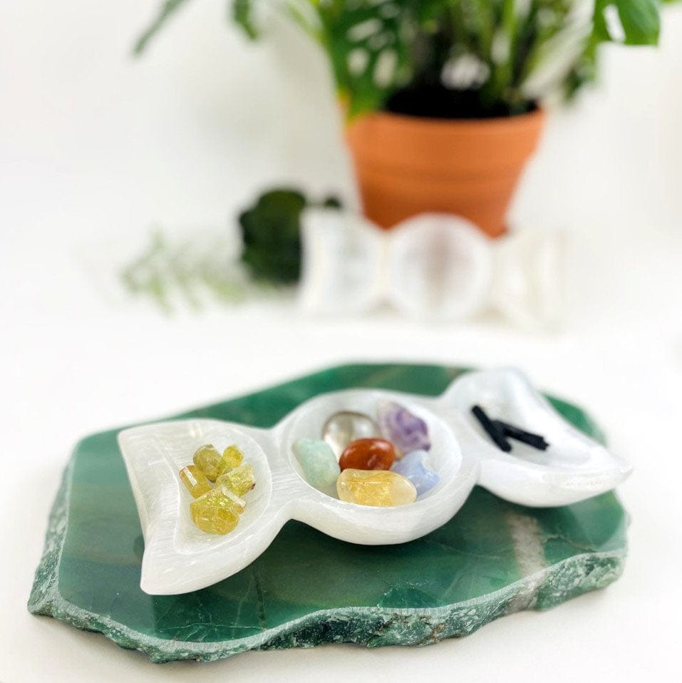 Selenite Triple Moon Goddess Bowl - Moon Phase Charging Station with stones inside