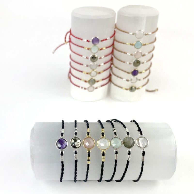 Gemstone Bezel Bracelets - Adjustable Cord with Gold or Silver Plated Accents, showing the red, black, and tan cording with the different stones available